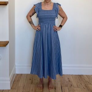 Blue & White Striped Smocked Midi Dress | Flutter Sleeve Summer Dress